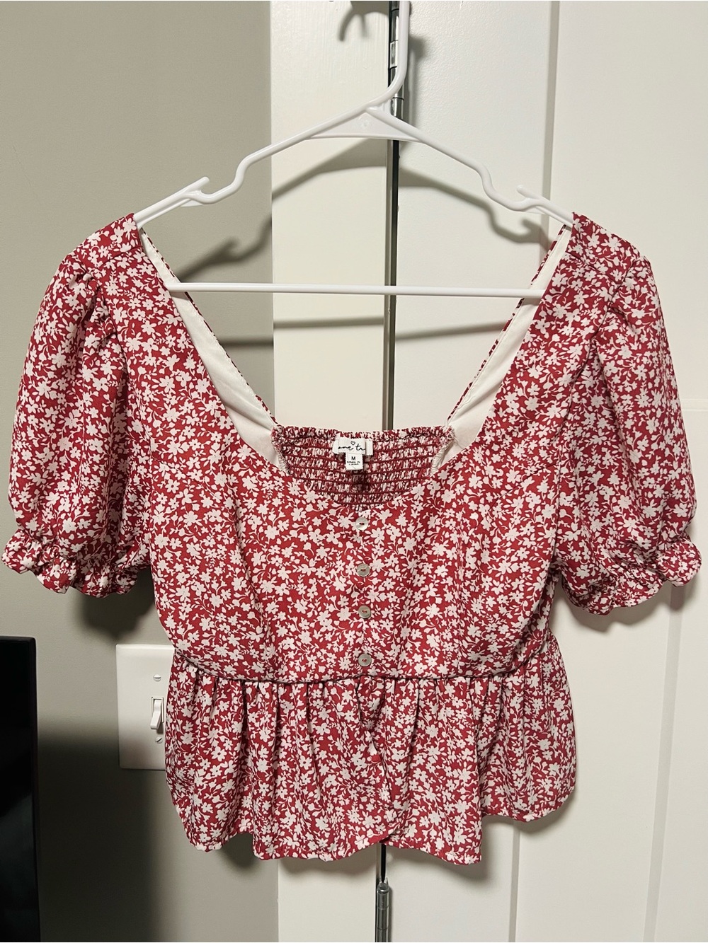 Love Tree Red Floral Puff-Sleeve Babydoll Top